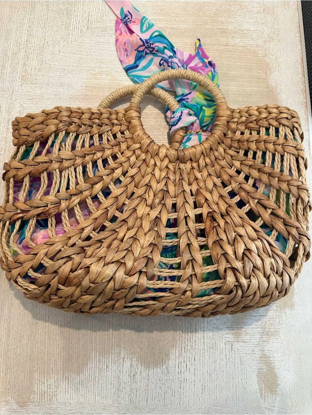 Lilly Pulitzer Straw Tote with Pink & Teal Floral Scarf